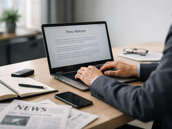 Persberichten schrijver met krant op voorgrond