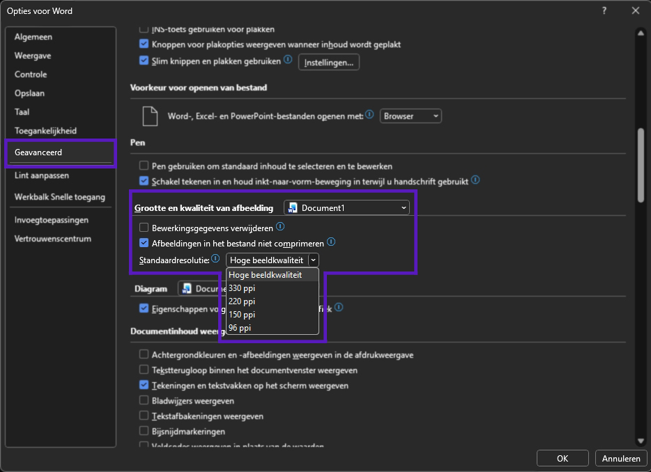 instellingsscherm voor aanpassen van kwaliteit in Word