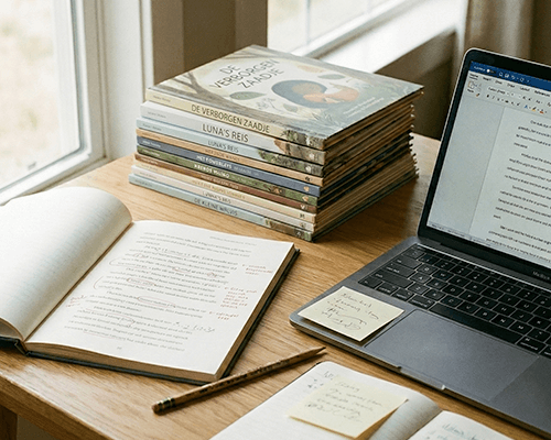 Werkplek van een kinderboekenschrijver met open manuscript vol correcties, laptop en stapel kinderboeken op een houten bureau bij het raam.