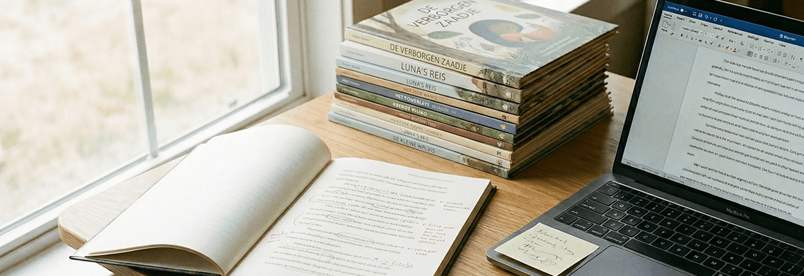 Werkplek van een kinderboekenschrijver met open manuscript vol correcties, laptop en stapel kinderboeken op een houten bureau bij het raam.