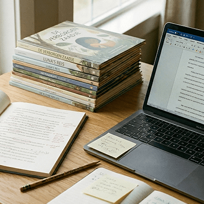 Werkplek van een kinderboekenschrijver met open manuscript vol correcties, laptop en stapel kinderboeken op een houten bureau bij het raam.