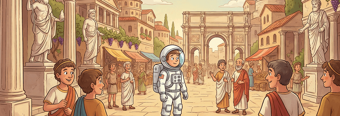 Cartoonillustratie van een Romeinse stad met een astronaut tussen Romeinse inwoners, als metafoor voor een verkeerd gekozen thema.
