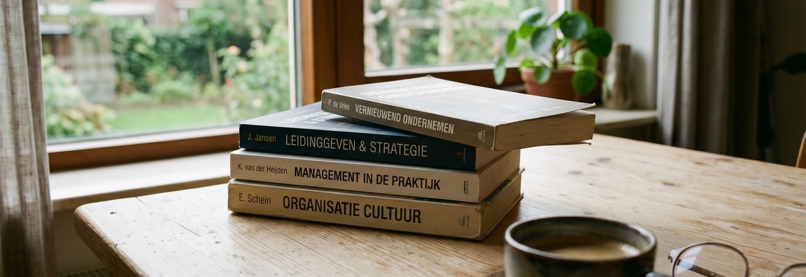 Stapel Nederlandse managementboeken op een bureau bij het raam