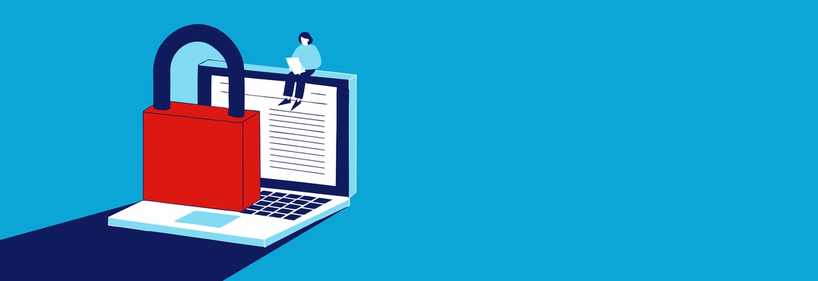 Illustratie in Pumbo-stijl: laptop met rood hangslot (brede banner) — Ai en privacy bij het uitgeven van je boek