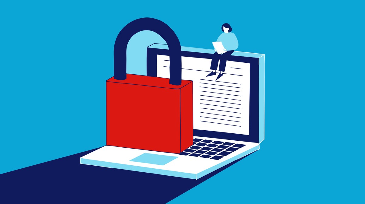 Illustratie in Pumbo-stijl: laptop met rood hangslot - Ai en privacy bij het uitgeven van je boek