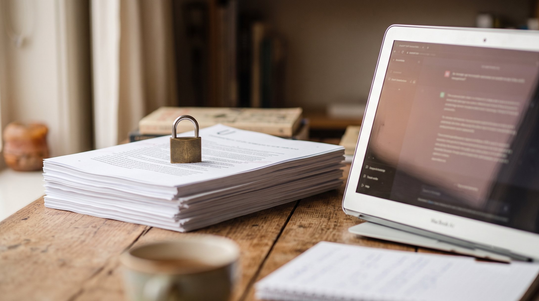 Manuscript-stapel met hangslot naast een laptop - bescherm gevoelige informatie