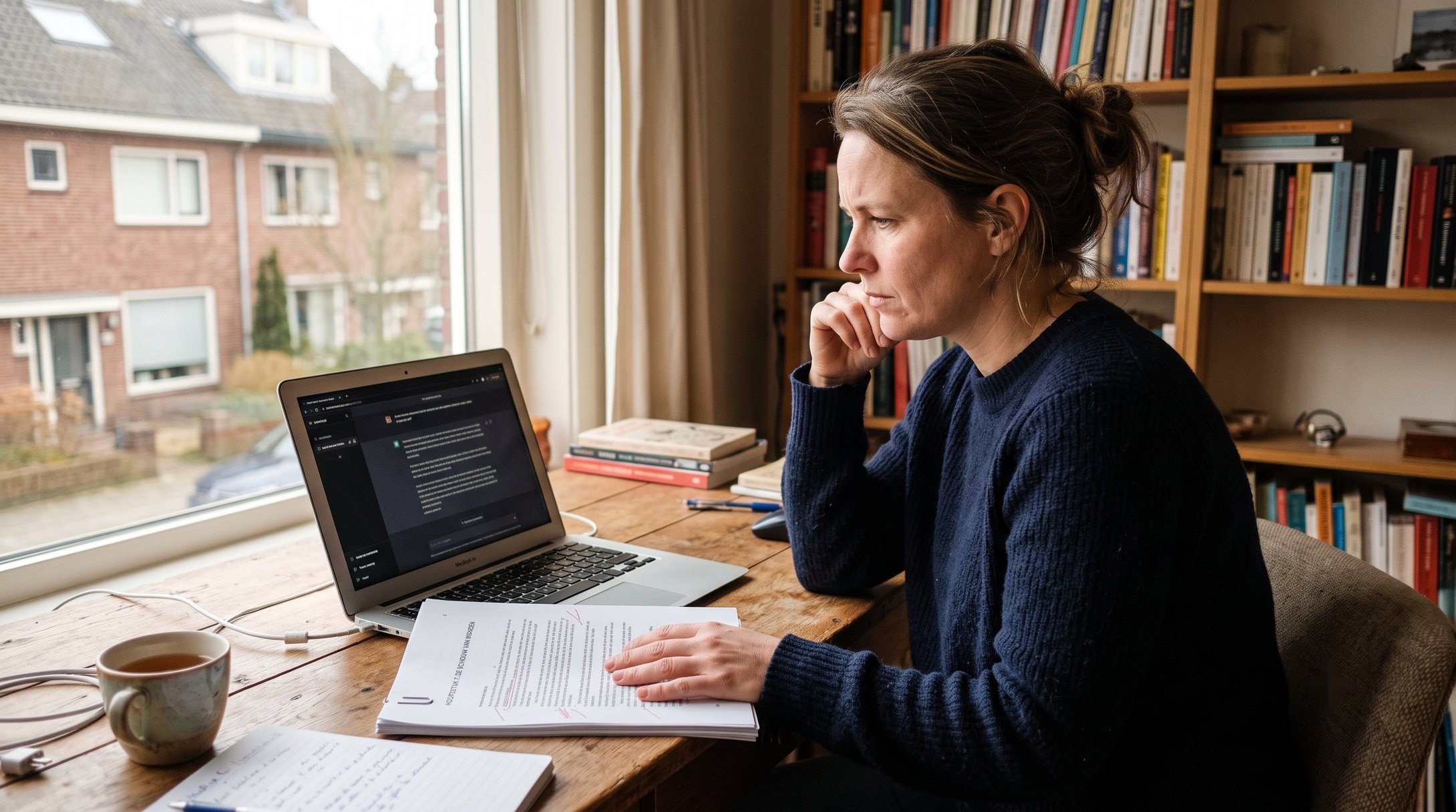 Schrijfster bekijkt een Ai-chat op haar laptop met haar manuscript ernaast