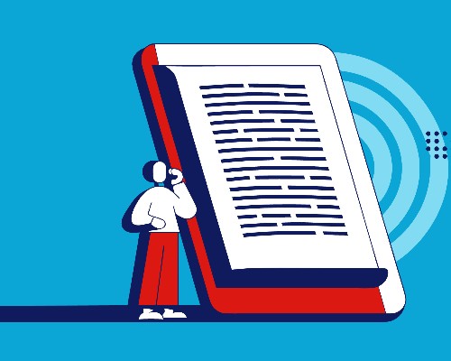 Illustratie in Pumbo-huisstijl: een kleine figuur luistert via een schermlezer naar een gigantische e-reader. De European Accessibility Act maakt e-books toegankelijk.