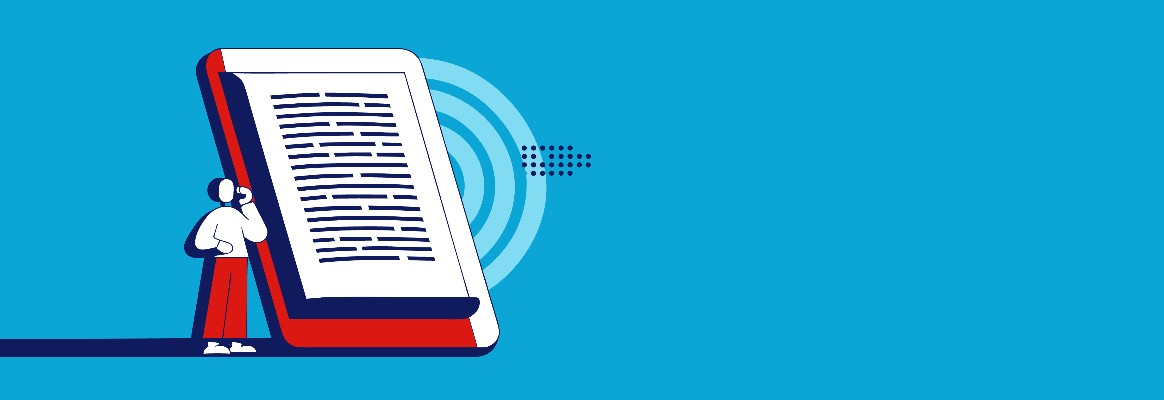 Brede illustratie in Pumbo-huisstijl: een kleine figuur luistert via een schermlezer naar een gigantische e-reader, met geluidsgolven en een braillepatroon.