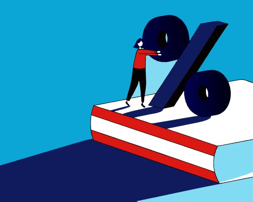 Illustratie: auteur duwt een gigantisch procentteken op een boek