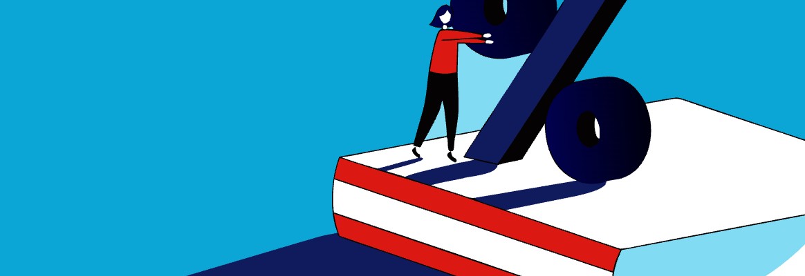 Illustratie: auteur duwt een gigantisch procentteken op een boek