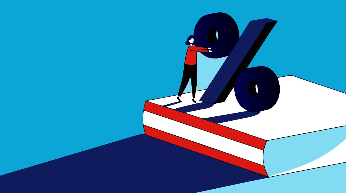Illustratie: auteur duwt een gigantisch procentteken op een boek
