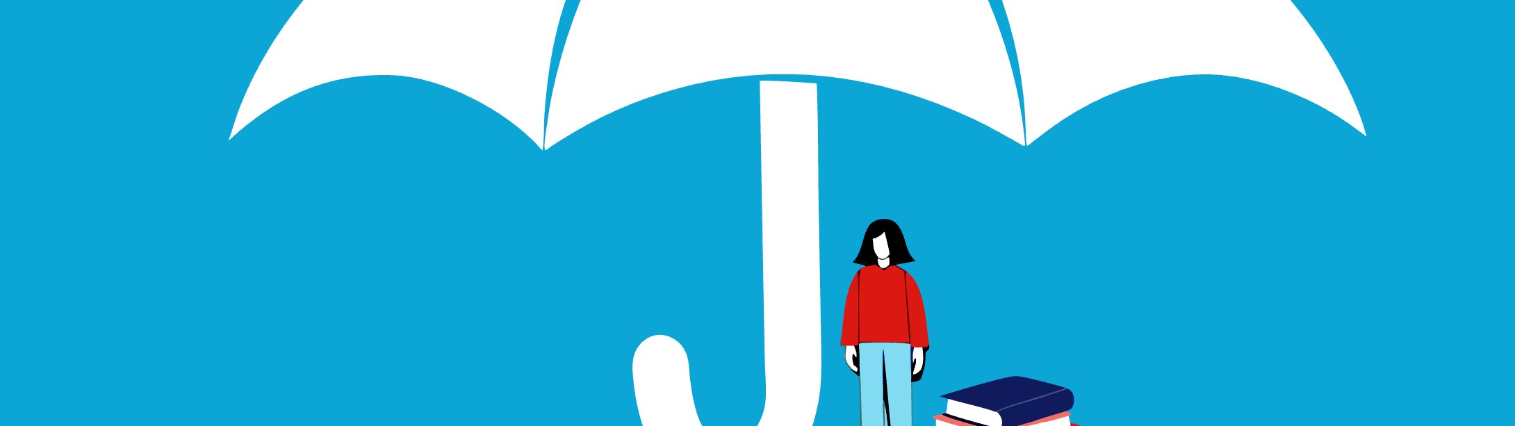 Illustratie: auteur met boeken onder een gigantische paraplu