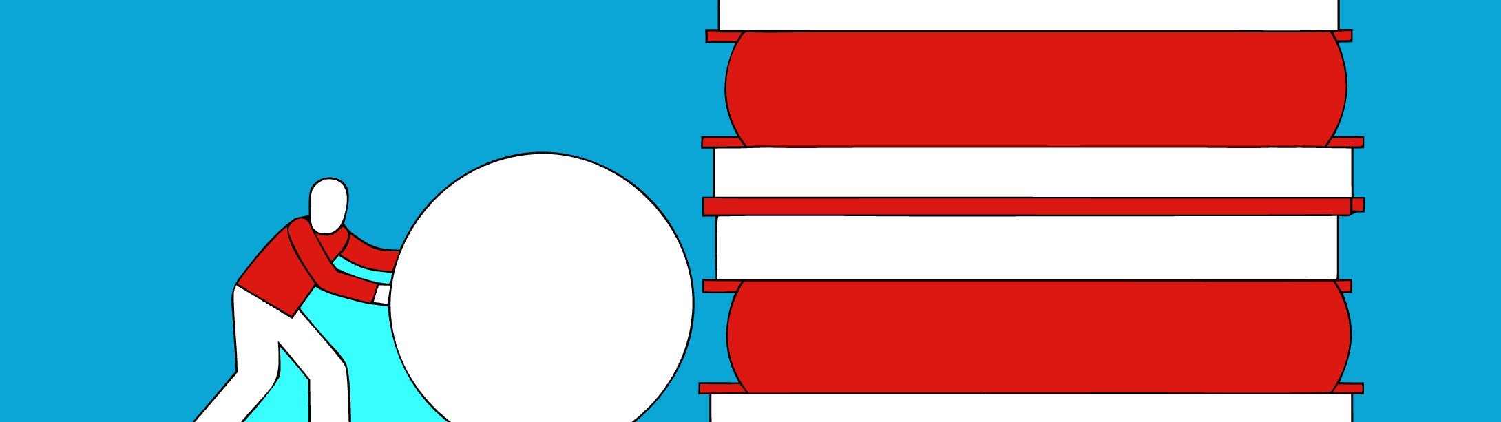 Illustratie: auteur rolt een grote euromunt naar een stapel boeken