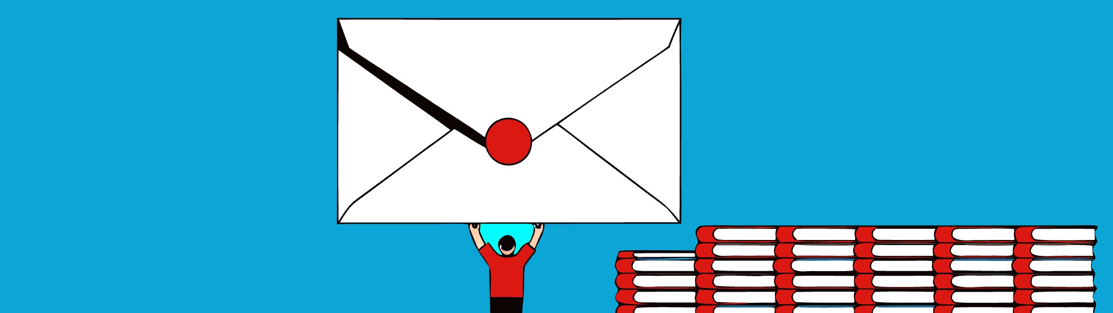 Illustratie: auteur houdt een grote envelop omhoog naast een stapel boeken