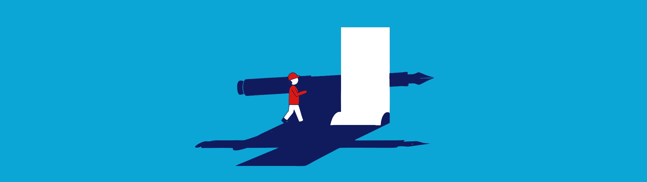 Illustratie in Pumbo-huisstijl: klein figuurtje draagt een reusachtige vulpen over de schouder langs een groot wit vel papier