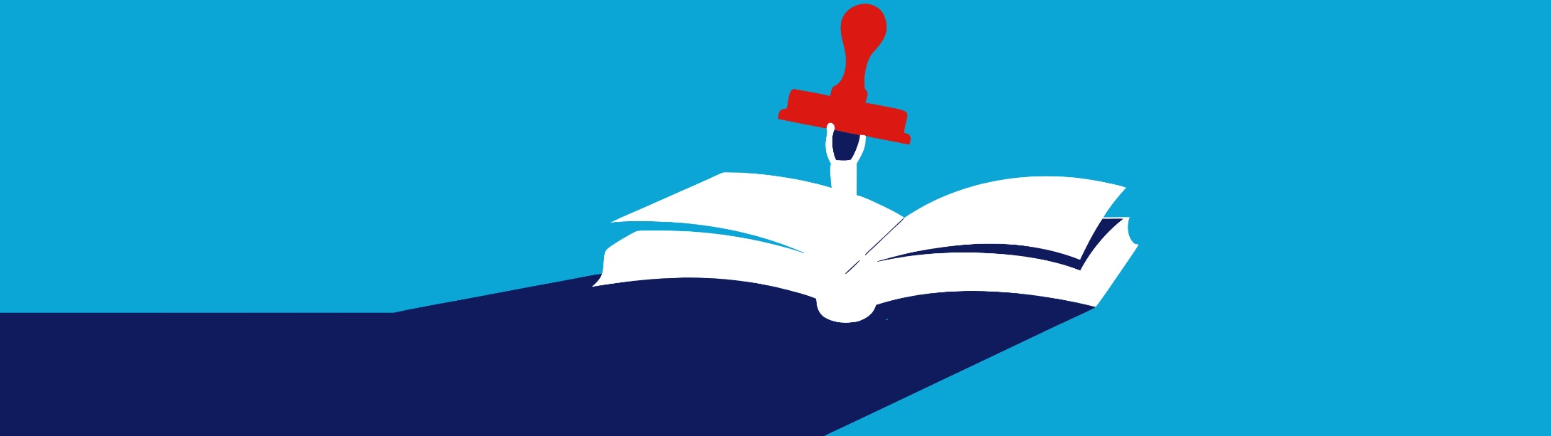 Illustratie in Pumbo-huisstijl: een hand zet een grote rode stempel op een reusachtig opengeslagen boek
