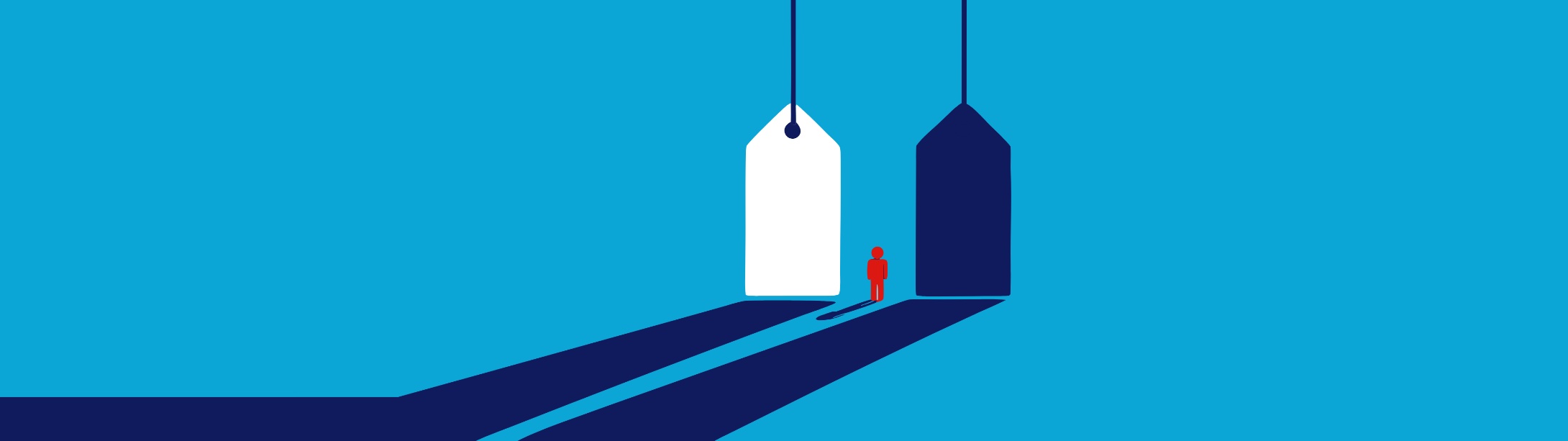 Illustratie in Pumbo-huisstijl: klein figuurtje staat tussen twee gigantische prijskaartjes, een wit en een donkerblauw