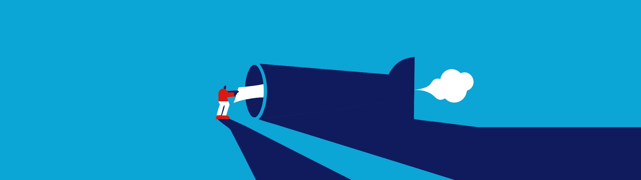 Illustratie in Pumbo-huisstijl: klein figuurtje voert een vel papier in een reusachtige trechter, waar aan de andere kant een wolkje uit komt